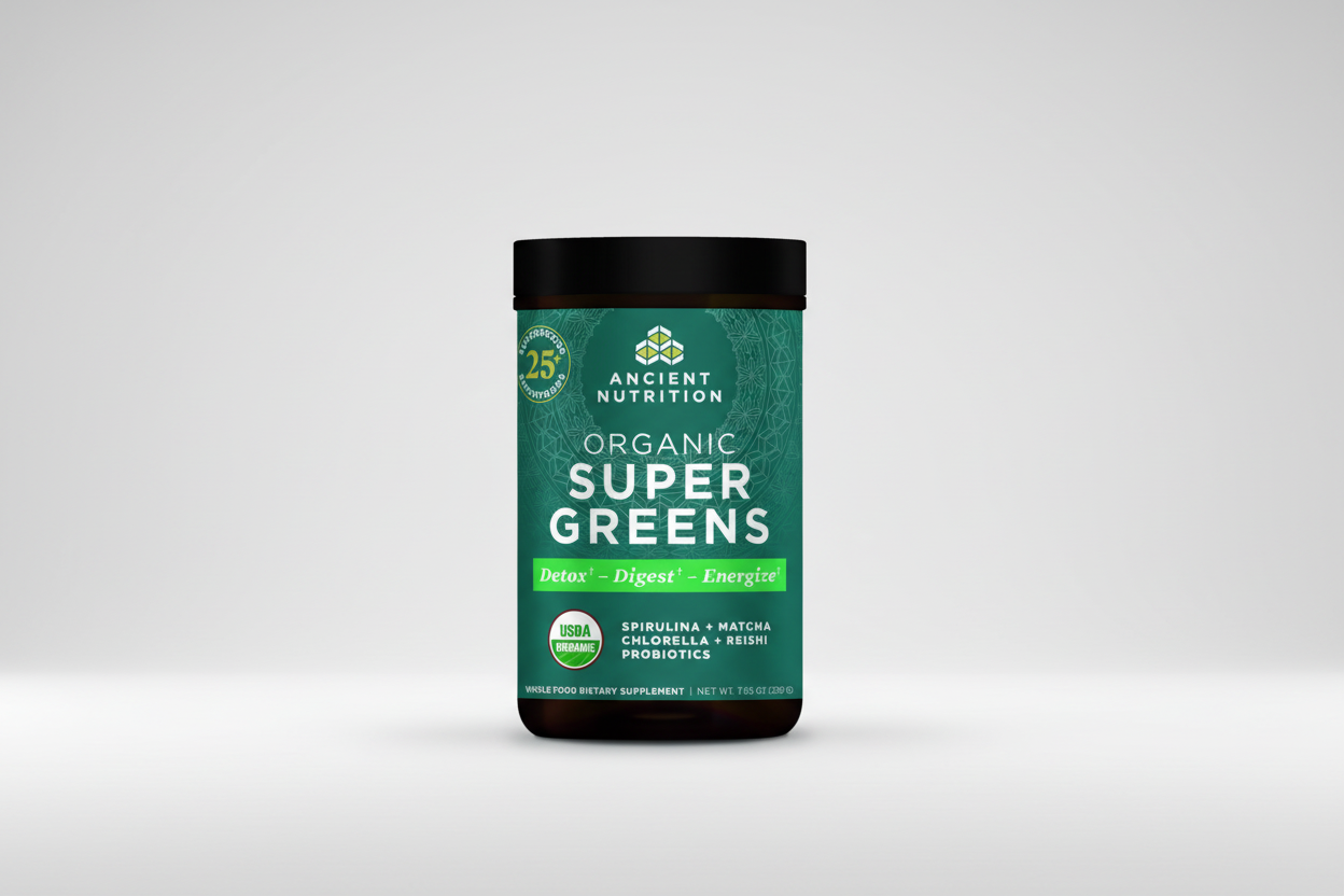 Ancient Nutrition Organic Super Greens supplement container on a white background