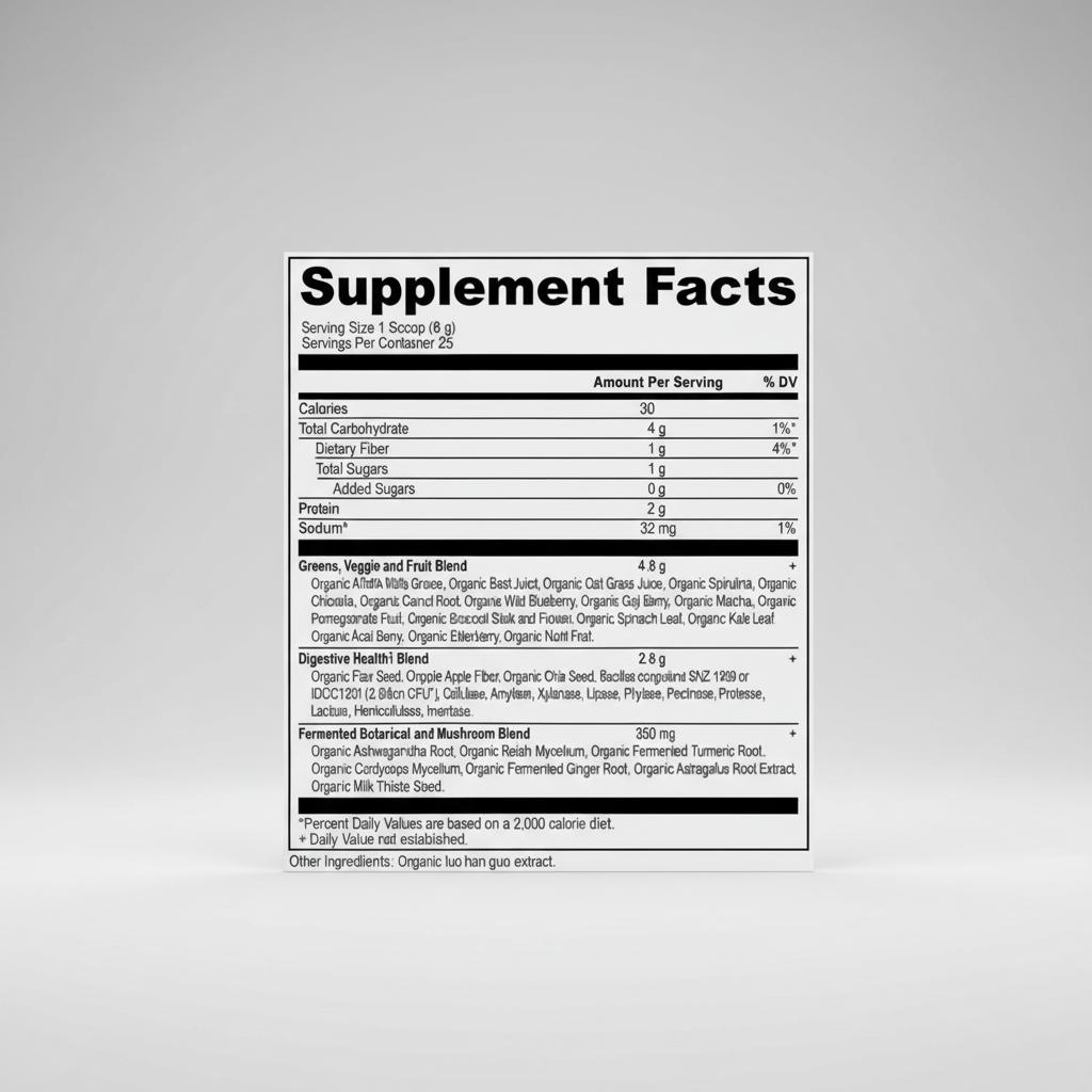 Supplement facts label with detailed nutritional information on a white background