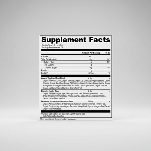 Supplement facts label with detailed nutritional information on a white background