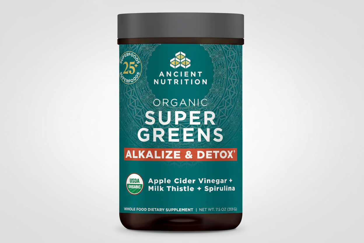Ancient Nutrition Organic Super Greens supplement container on a white background