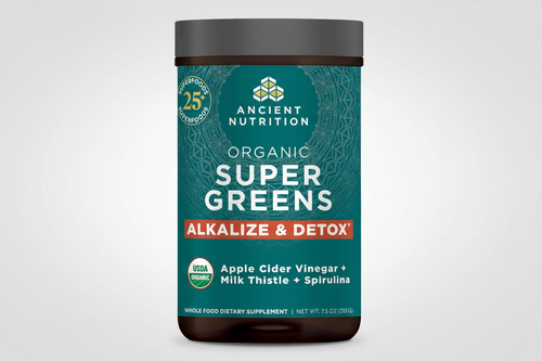 Ancient Nutrition Organic Super Greens supplement container on a white background