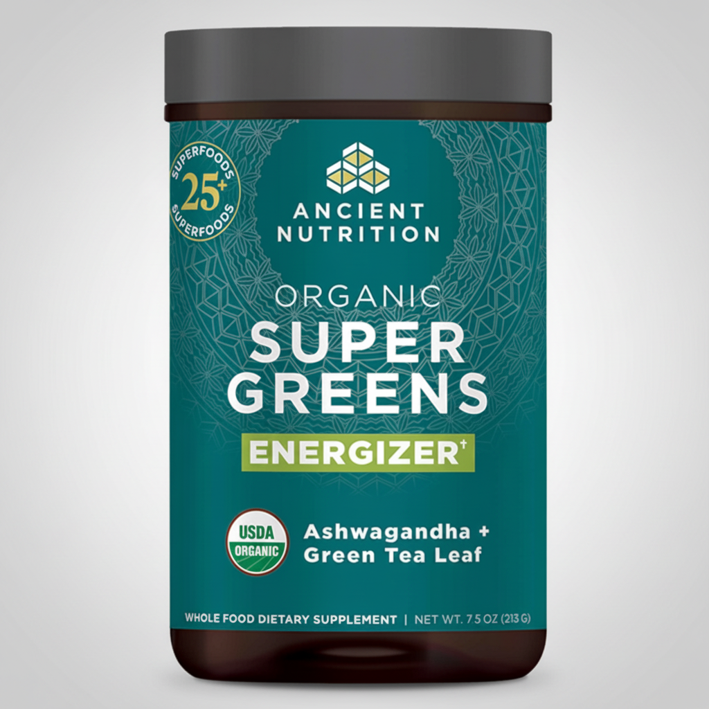 Ancient Nutrition Organic Super Greens Energizer supplement container on a white background