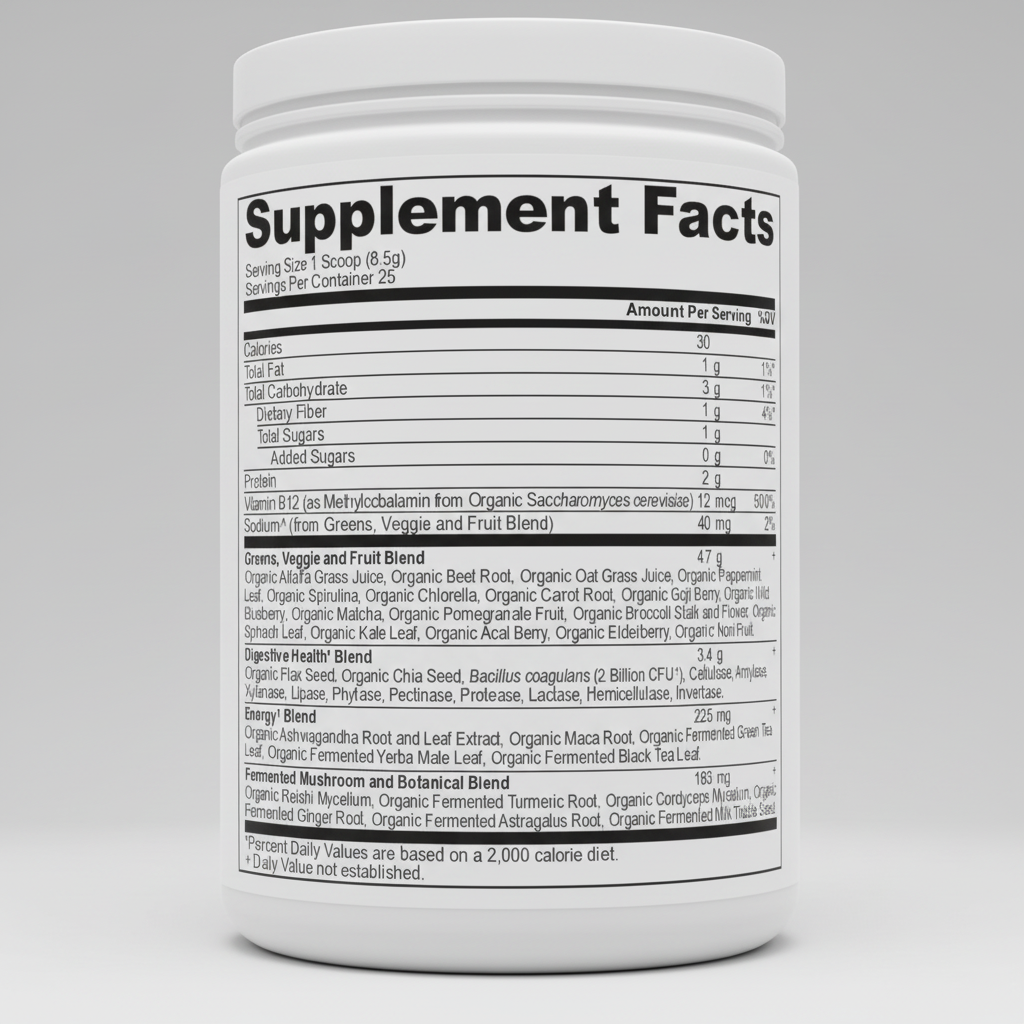Supplement facts label with detailed nutritional information on a white background