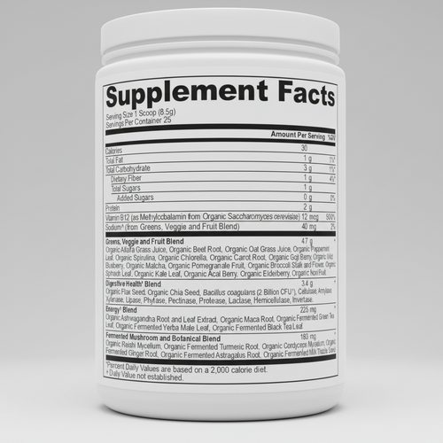 Supplement facts label with detailed nutritional information on a white background