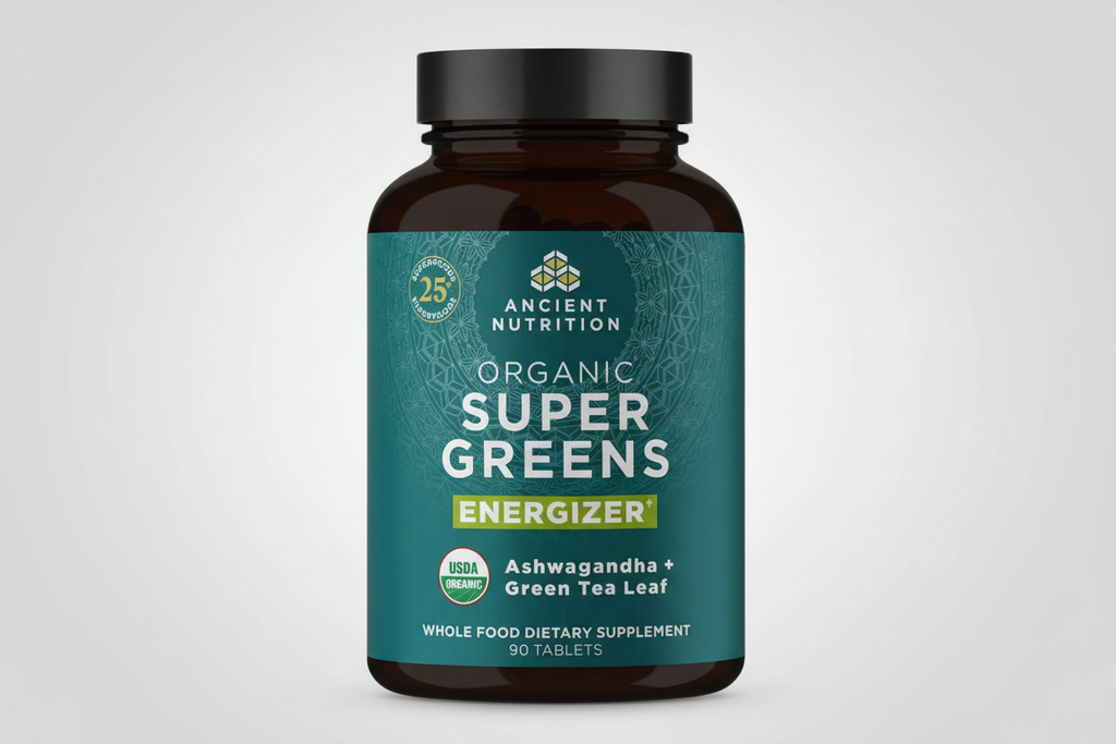 Supplement bottle labeled 'Ancient Nutrition Organic Super Greens Energizer' on a white background