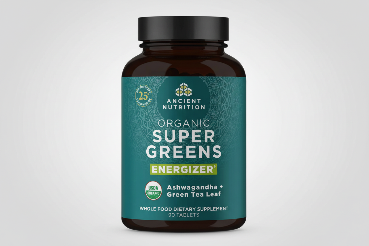 Supplement bottle labeled 'Ancient Nutrition Organic Super Greens Energizer' on a white background
