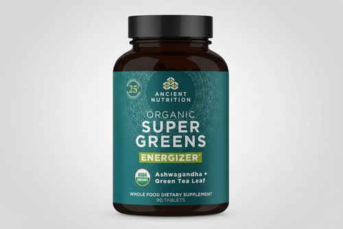 Supplement bottle labeled 'Ancient Nutrition Organic Super Greens Energizer' on a white background