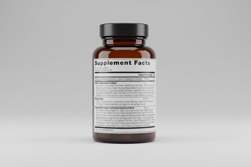 Supplement facts label with detailed ingredient list on a white background