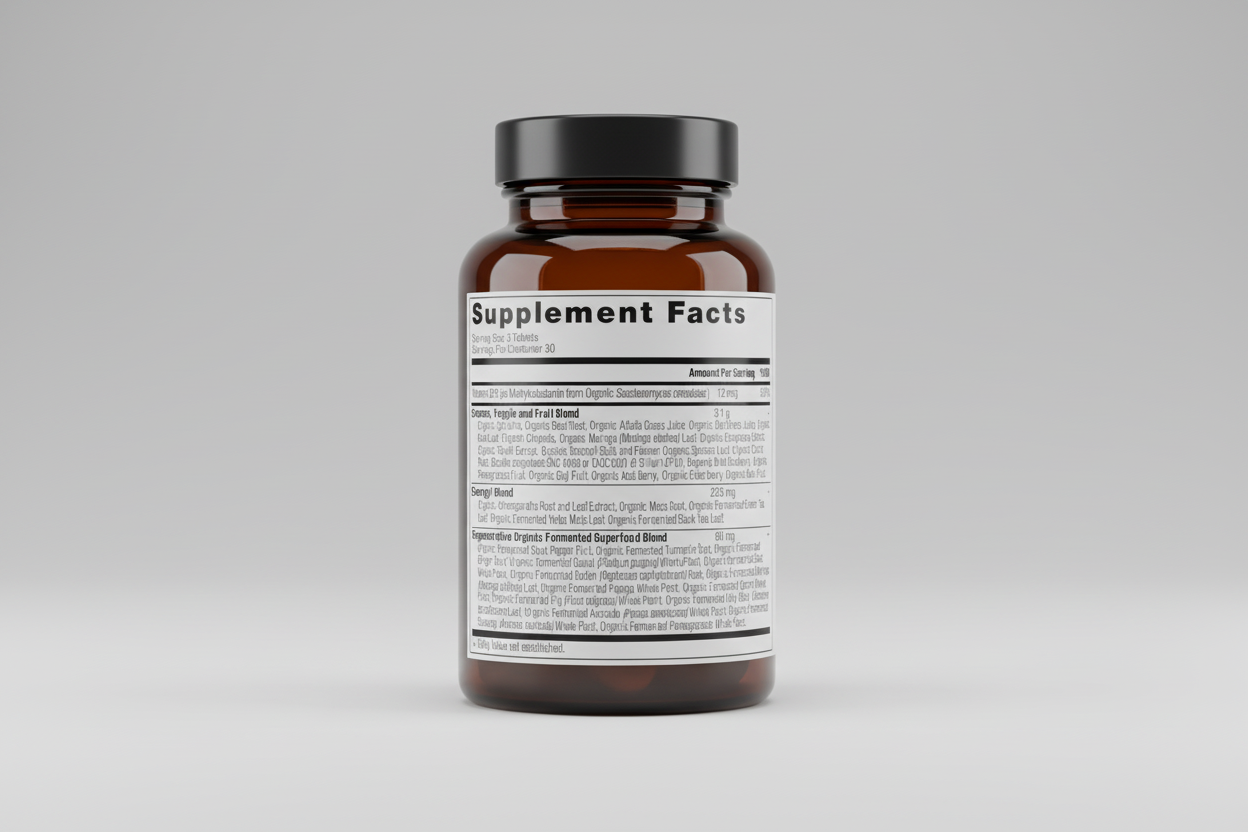 Supplement facts label with detailed ingredient list on a white background