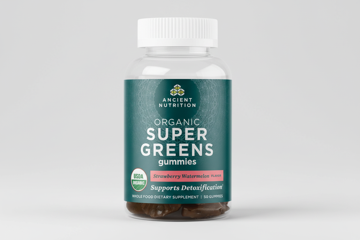 Bottle of Ancient Nutrition Organic Super Greens gummies on a white background