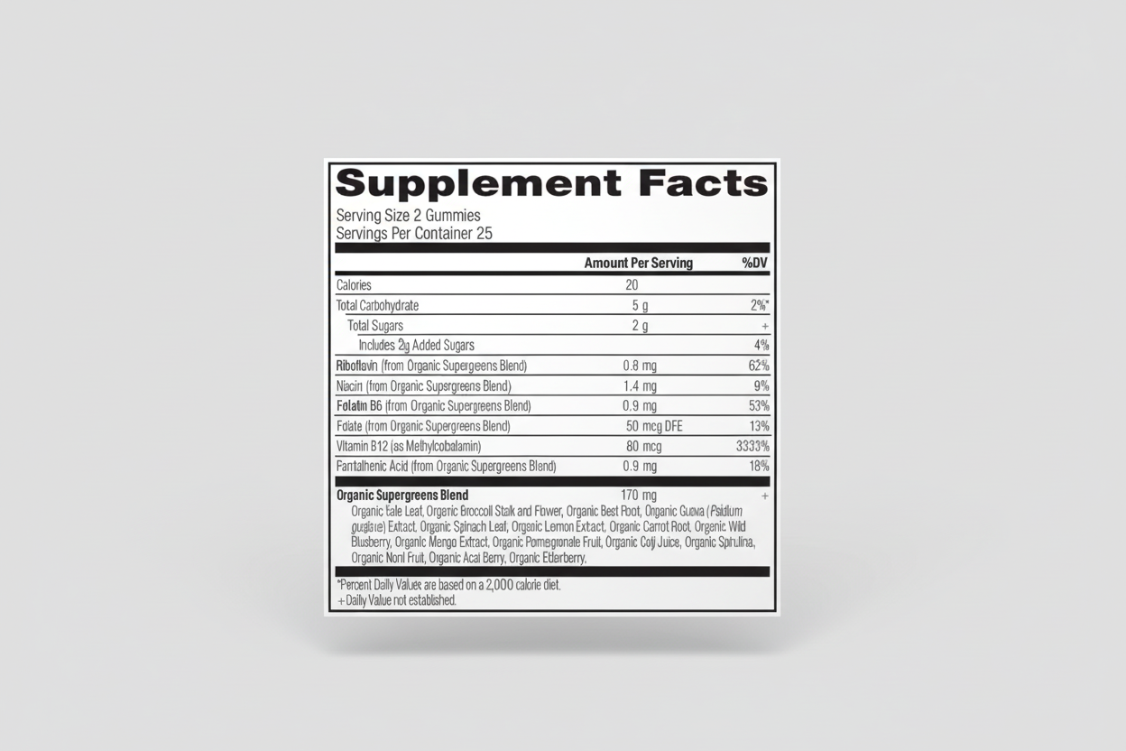 Supplement facts label for gummy vitamins with detailed nutritional information.