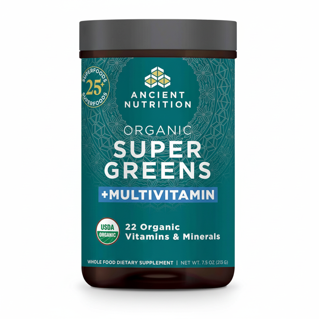 Ancient Nutrition Organic Super Greens + Multivitamin supplement container on a white background