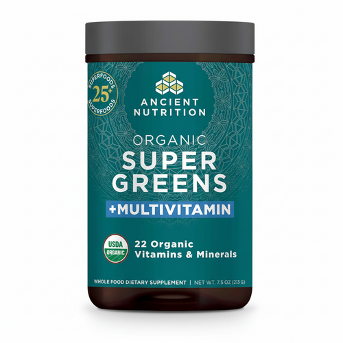 Ancient Nutrition Organic Super Greens + Multivitamin supplement container on a white background