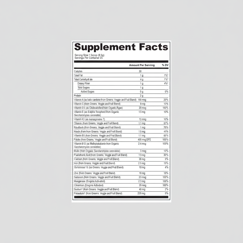 Supplement facts label with nutritional information and branding on a green background