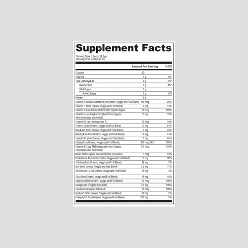 Supplement facts label with nutritional information and branding on a green background