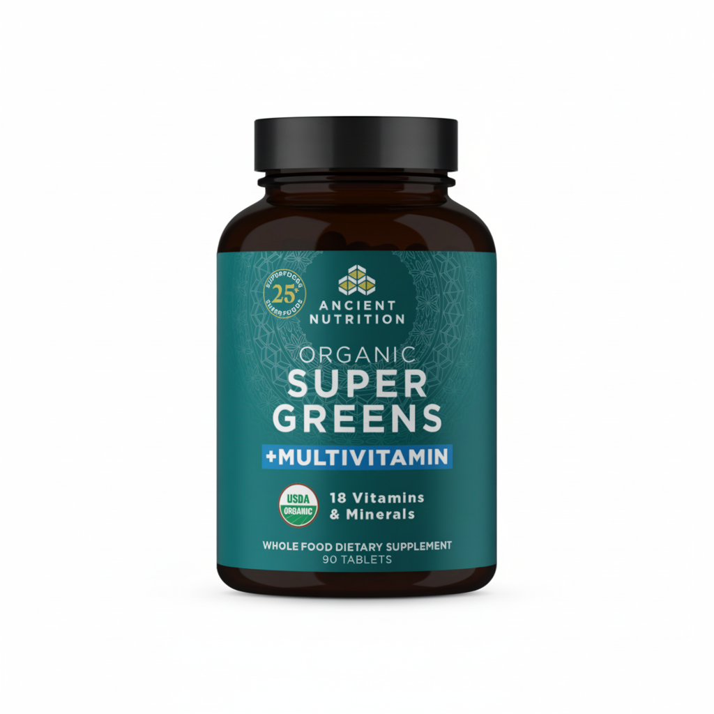 Supplement bottle labeled 'Ancient Nutrition Organic Super Greens + Multivitamin' on a white background
