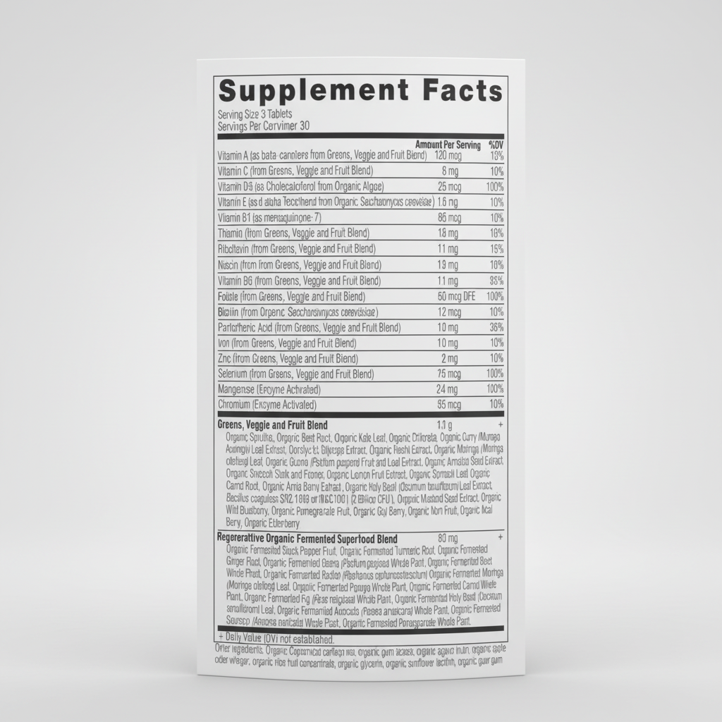 Supplement facts label with detailed nutritional information on a white background