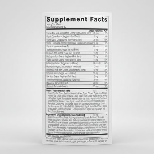 Supplement facts label with detailed nutritional information on a white background