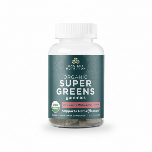Bottle of Ancient Nutrition Organic Super Greens gummies on a white background