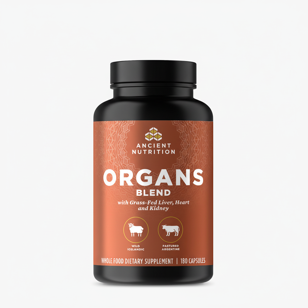 Supplement bottle labeled 'Organs Blend' by Ancient Nutrition on a white background