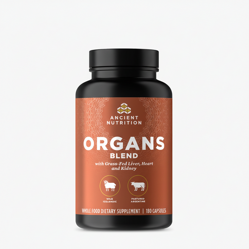 Supplement bottle labeled 'Organs Blend' by Ancient Nutrition on a white background