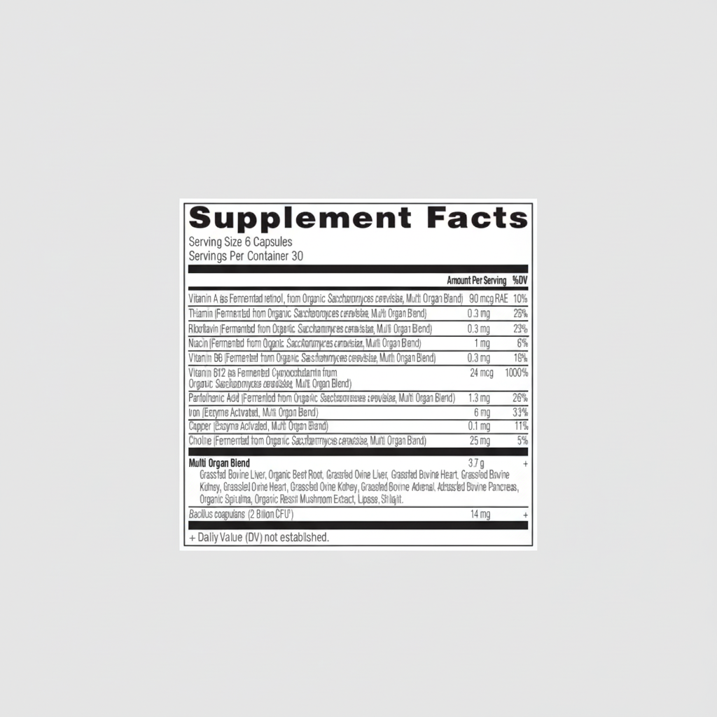 Supplement facts label with detailed nutritional information on a white background