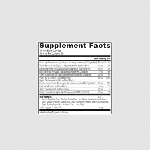 Supplement facts label with detailed nutritional information on a white background
