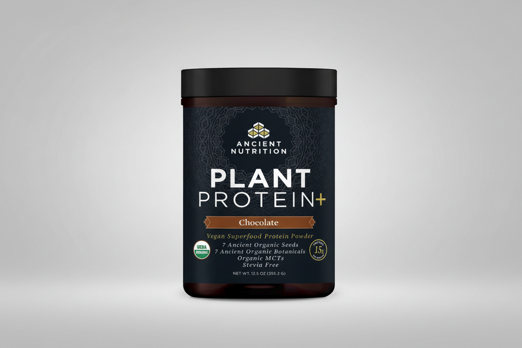 Container of Ancient Nutrition Plant Protein+ Chocolate flavor on a white background