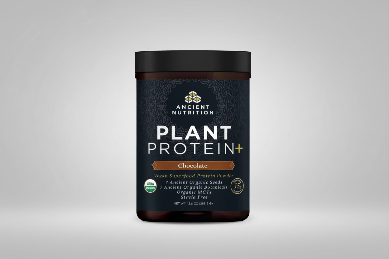 Container of Ancient Nutrition Plant Protein+ Chocolate flavor on a white background