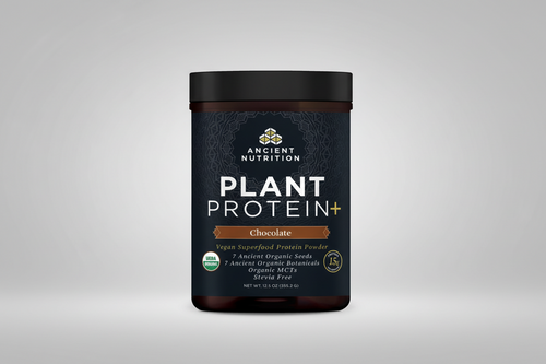 Container of Ancient Nutrition Plant Protein+ Chocolate flavor on a white background