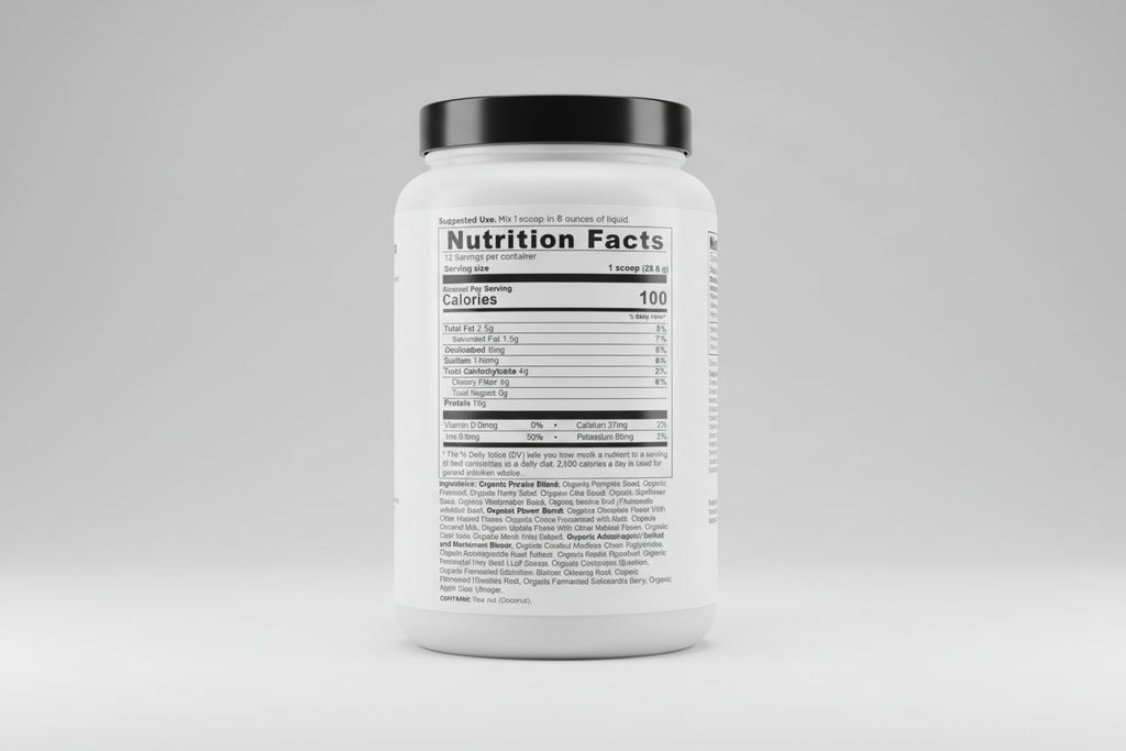 Nutrition facts label for a protein supplement with detailed nutritional information.