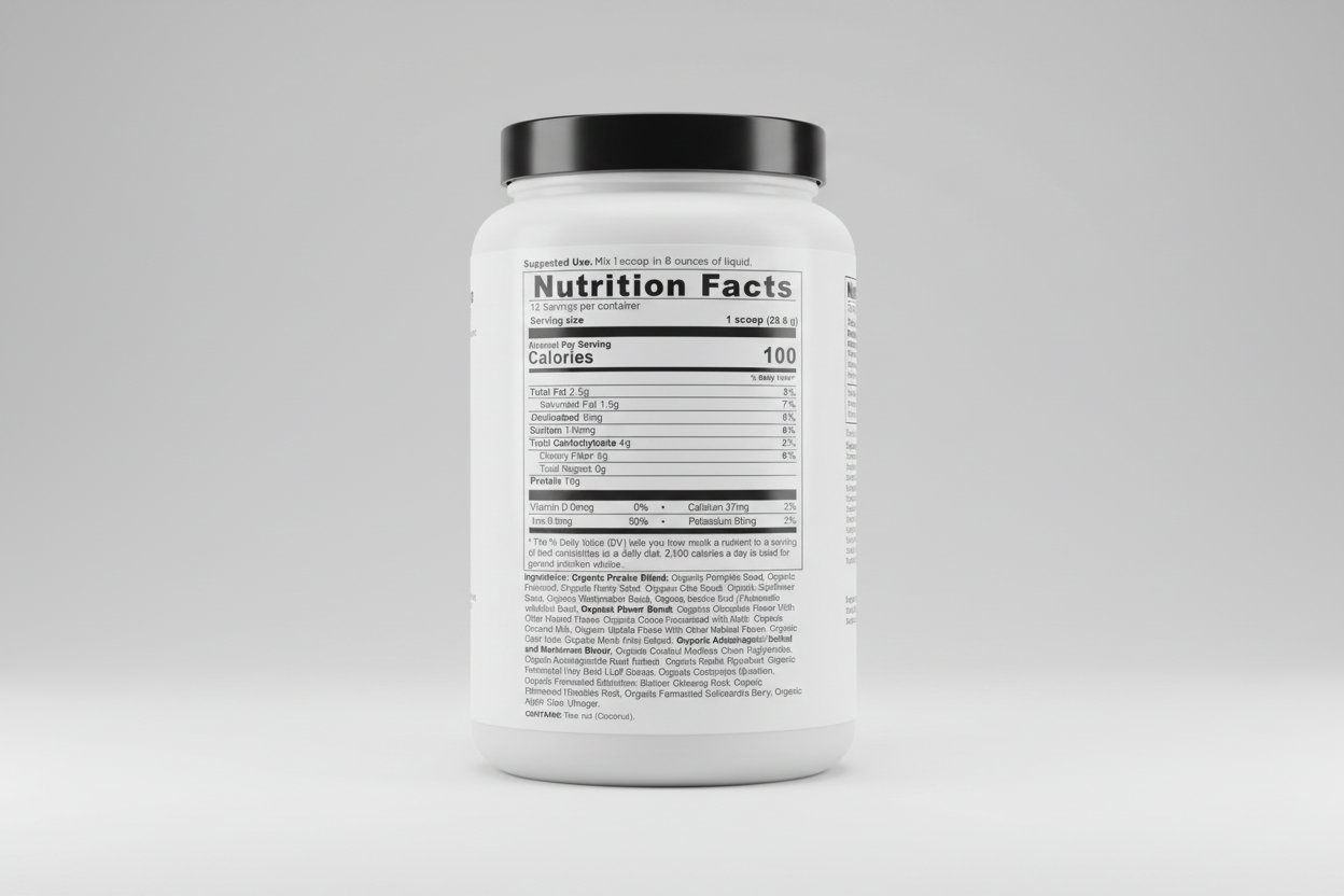 Nutrition facts label for a protein supplement with detailed nutritional information.