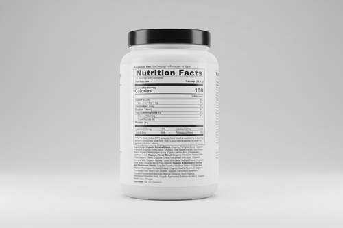 Nutrition facts label for a protein supplement with detailed nutritional information.