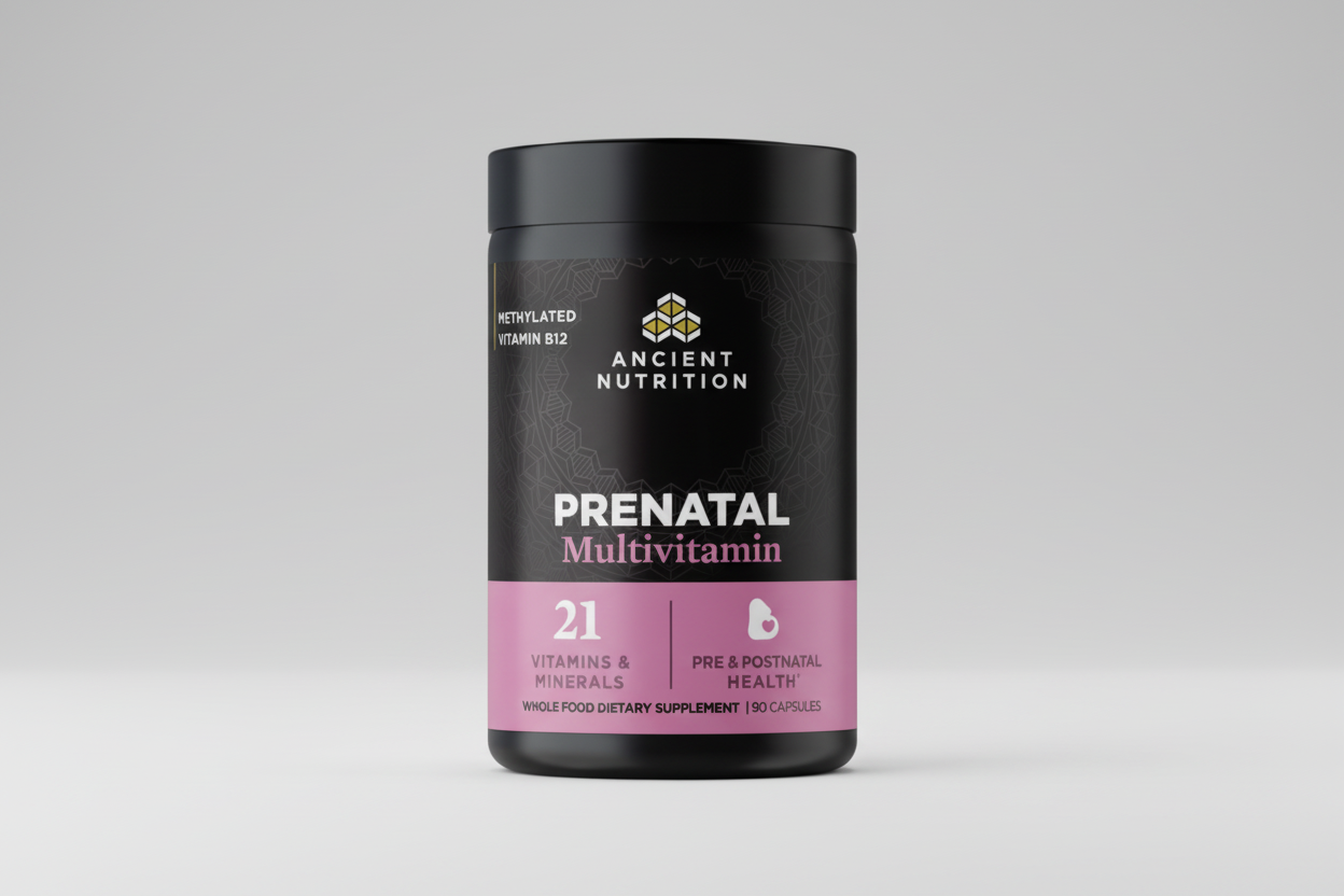 Ancient Nutrition prenatal multivitamin container on a white background