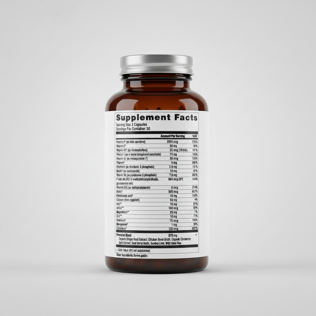Supplement facts label with detailed nutritional information on a white background