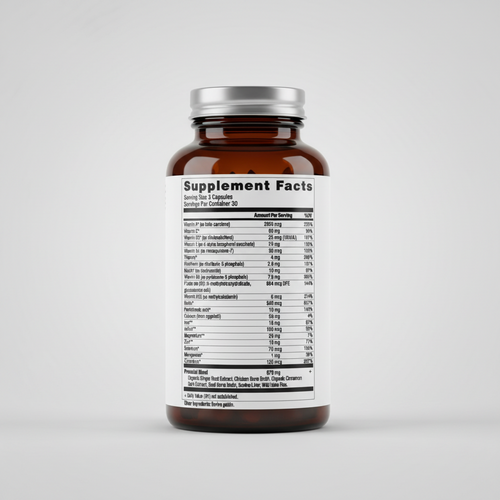 Supplement facts label with detailed nutritional information on a white background