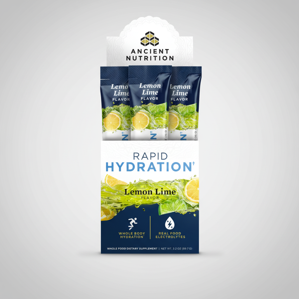 Packaging of Ancient Nutrition Lemon Lime flavor rapid hydration packets on a white background