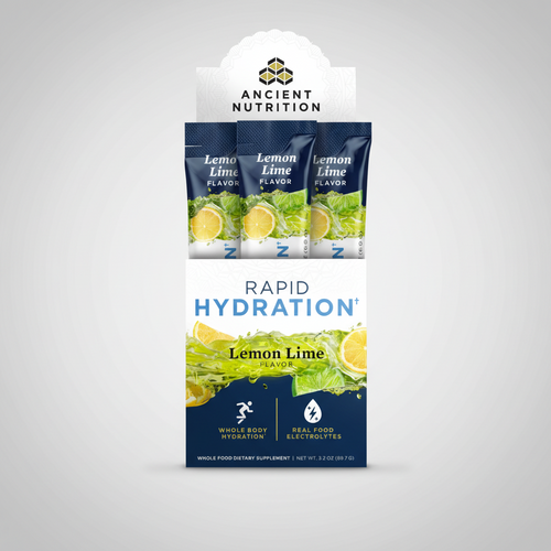 Packaging of Ancient Nutrition Lemon Lime flavor rapid hydration packets on a white background