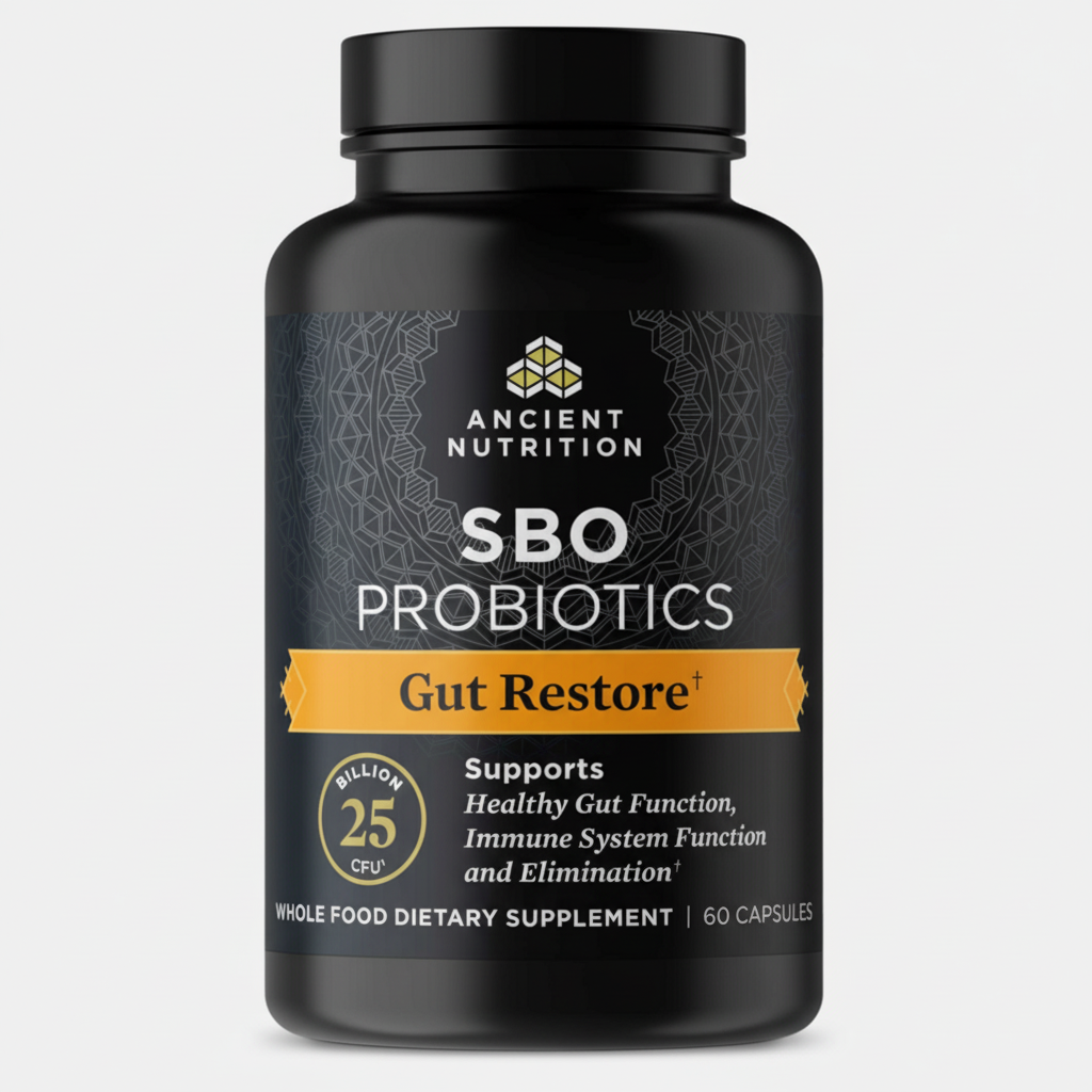 Black supplement bottle labeled 'SBO Probiotics Gut Restore' by Ancient Nutrition on a white background.