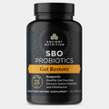 Black supplement bottle labeled 'SBO Probiotics Gut Restore' by Ancient Nutrition on a white background.
