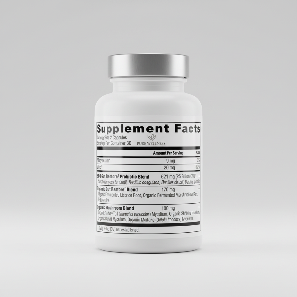 Supplement facts label with various nutrients and their amounts per serving.