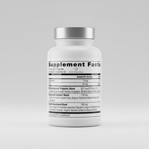 Supplement facts label with various nutrients and their amounts per serving.