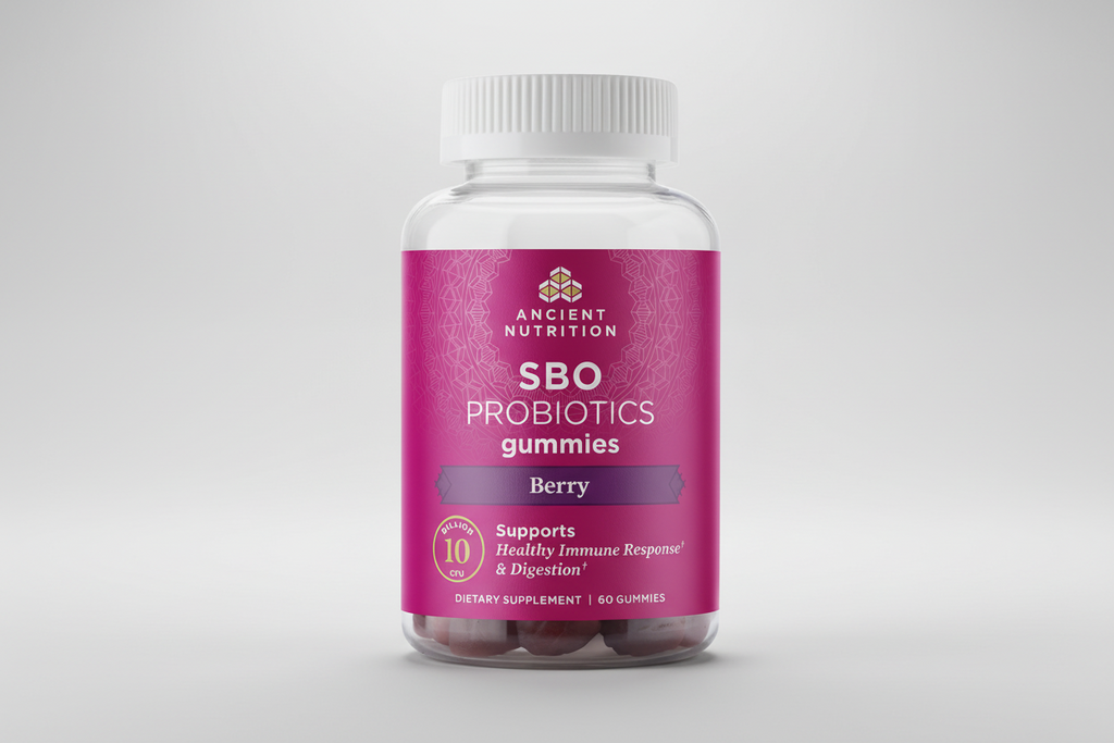 Bottle of Ancient Nutrition SBO Probiotics gummies on a white background