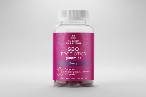 Bottle of Ancient Nutrition SBO Probiotics gummies on a white background