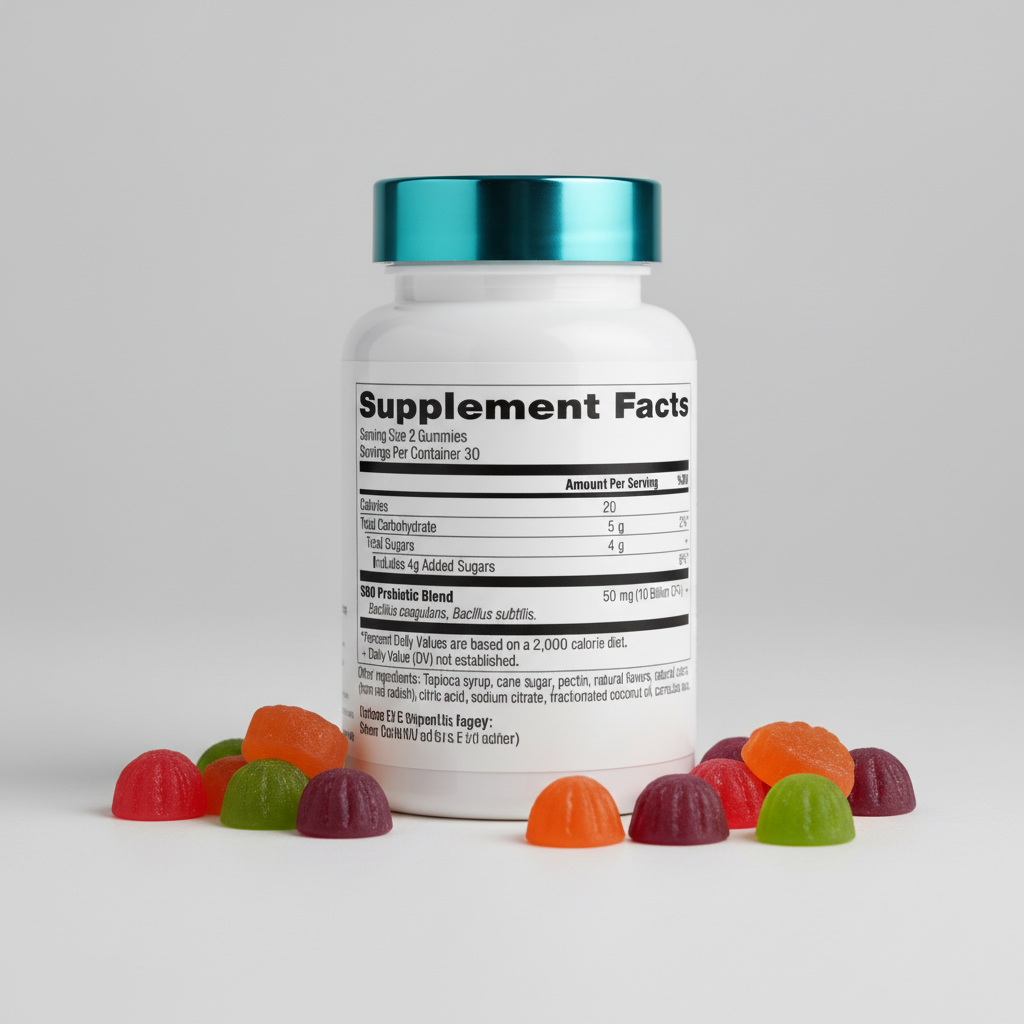 Supplement facts label for gummy vitamins with B0 Probiotic Blend on a white background