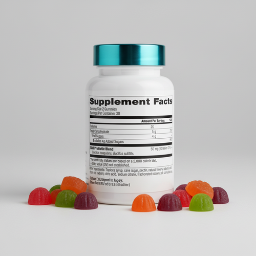 Supplement facts label for gummy vitamins with B0 Probiotic Blend on a white background