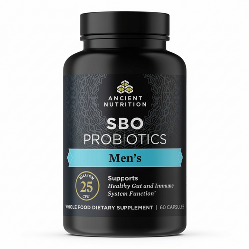 Black bottle of Ancient Nutrition SBO Probiotics for men on a white background