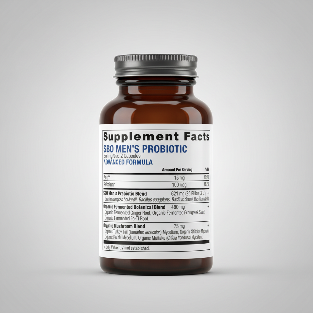 Supplement facts label for a men's probiotic blend with various ingredients and their amounts per serving.
