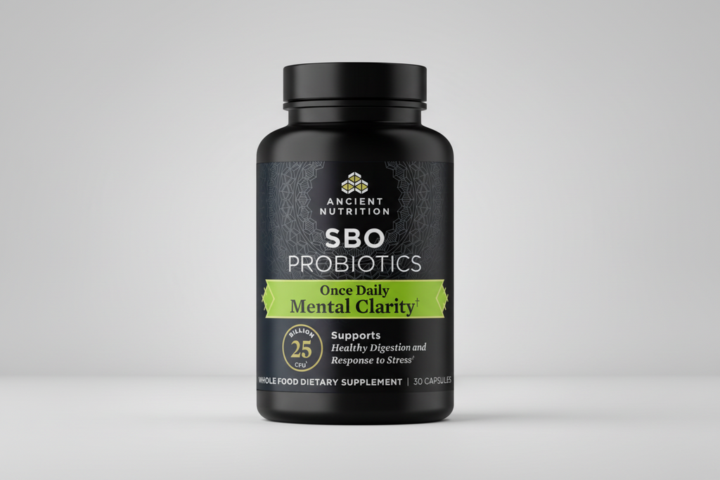 Black supplement bottle labeled 'SBO Probiotics' by Ancient Nutrition on a white background