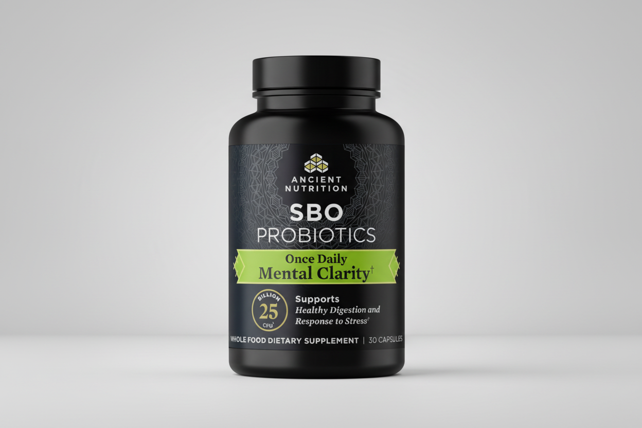 Black supplement bottle labeled 'SBO Probiotics' by Ancient Nutrition on a white background